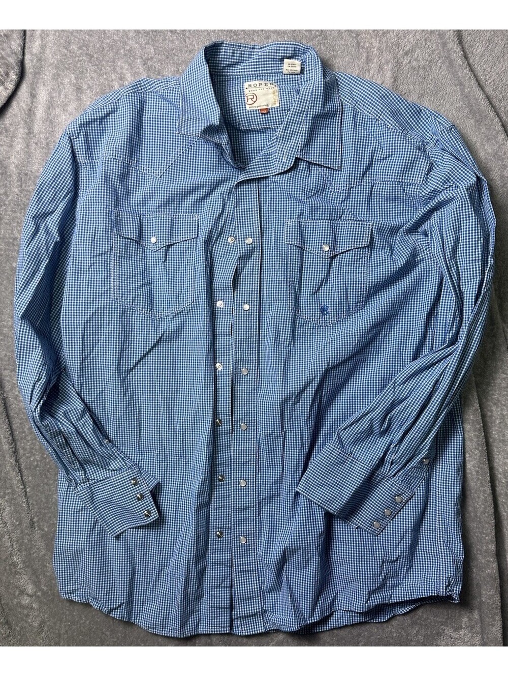 Roper Mens 2XL Western Shirt Blue White Check Pearl Snap Cowboy Rodeo